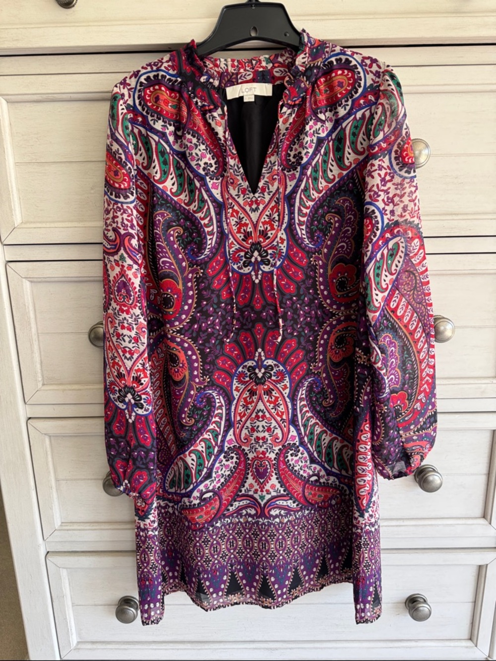 LOFT Boho Inspired Paisley Tunic Dress with Pink and Purple Accents SZ SM